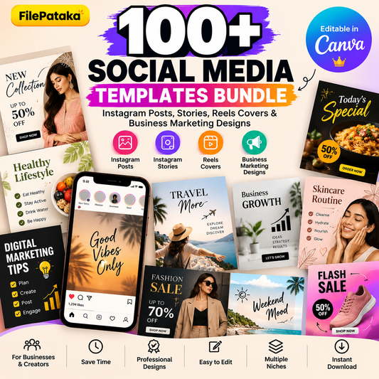 100+ Social Media Templates Bundle | Instagram Posts, Stories, Reels Covers & Business Marketing Designs